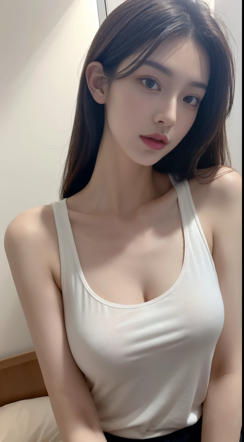 (Photorealistic),(Masterpiece),(ultra-detailed),a very close shot of very pretty tall idol girl but so busy that she had starved for a month and have almost no fat and just bones and so very close to fainting but somehow stays bright for her fans,wearing a tank top