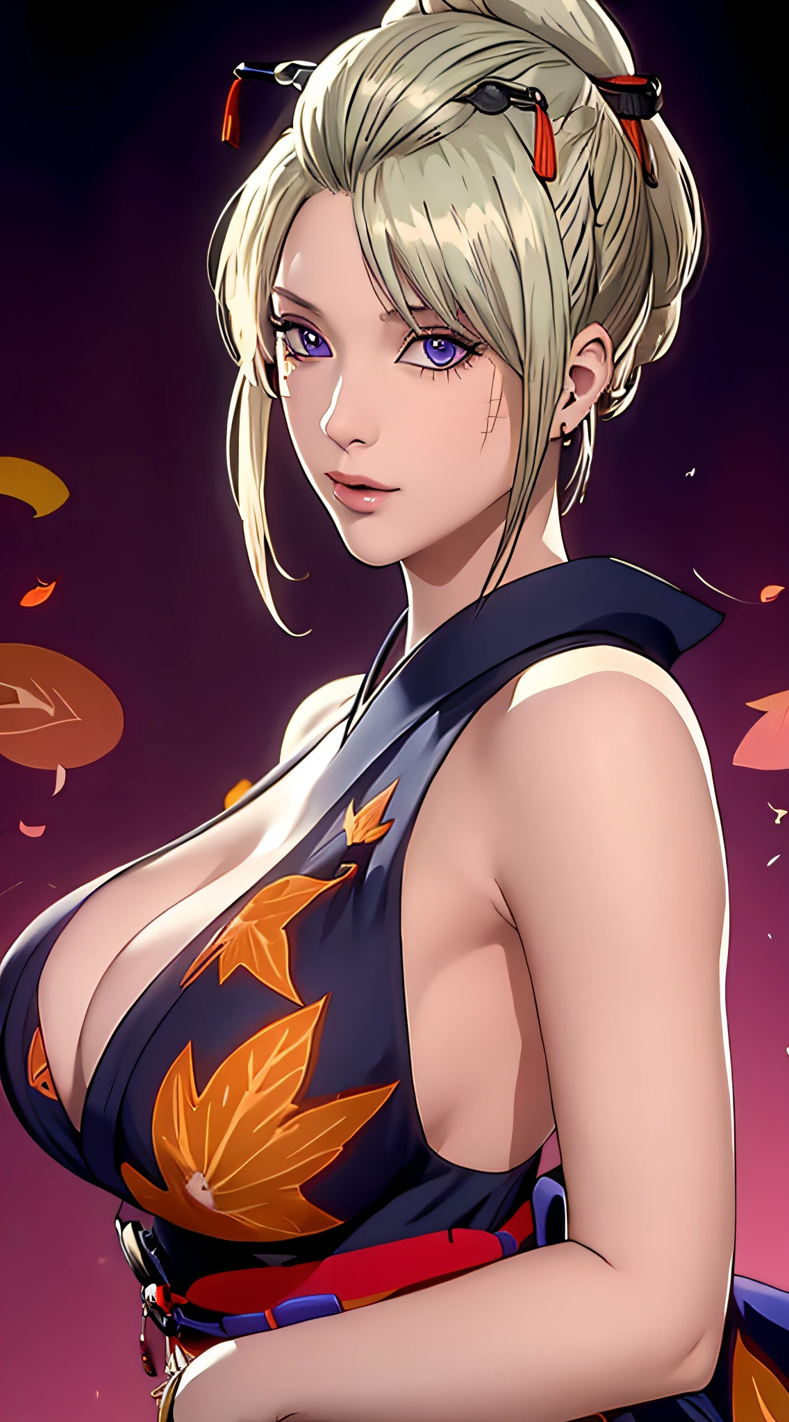 （（（There are scars on the face，Blonde hair, a purple eye, folded ponytail, hair adornments,Autumn leaves pattern kimono, black kimono,Big crotch，S-shaped body:1.7））），((tmasterpiece)),A high resolution, ((Best quality))，tmasterpiece，top-quality，Best quality at best，（（（ exquisite facial features，looking at viewert,There is light in the eyes，Smilingly，self-assured ））），（（（Light and shadow interlace，The large））），（（（dynamicposes, 1 girl, (complete figure:0.9), Alone,, sexy women,Body contours，Raised sexy，Realistic silhouette of human body， ((good body)),Girl posing for photo，Full body lesbian，24 years old female model，perfect foot、have perfect arms)）））