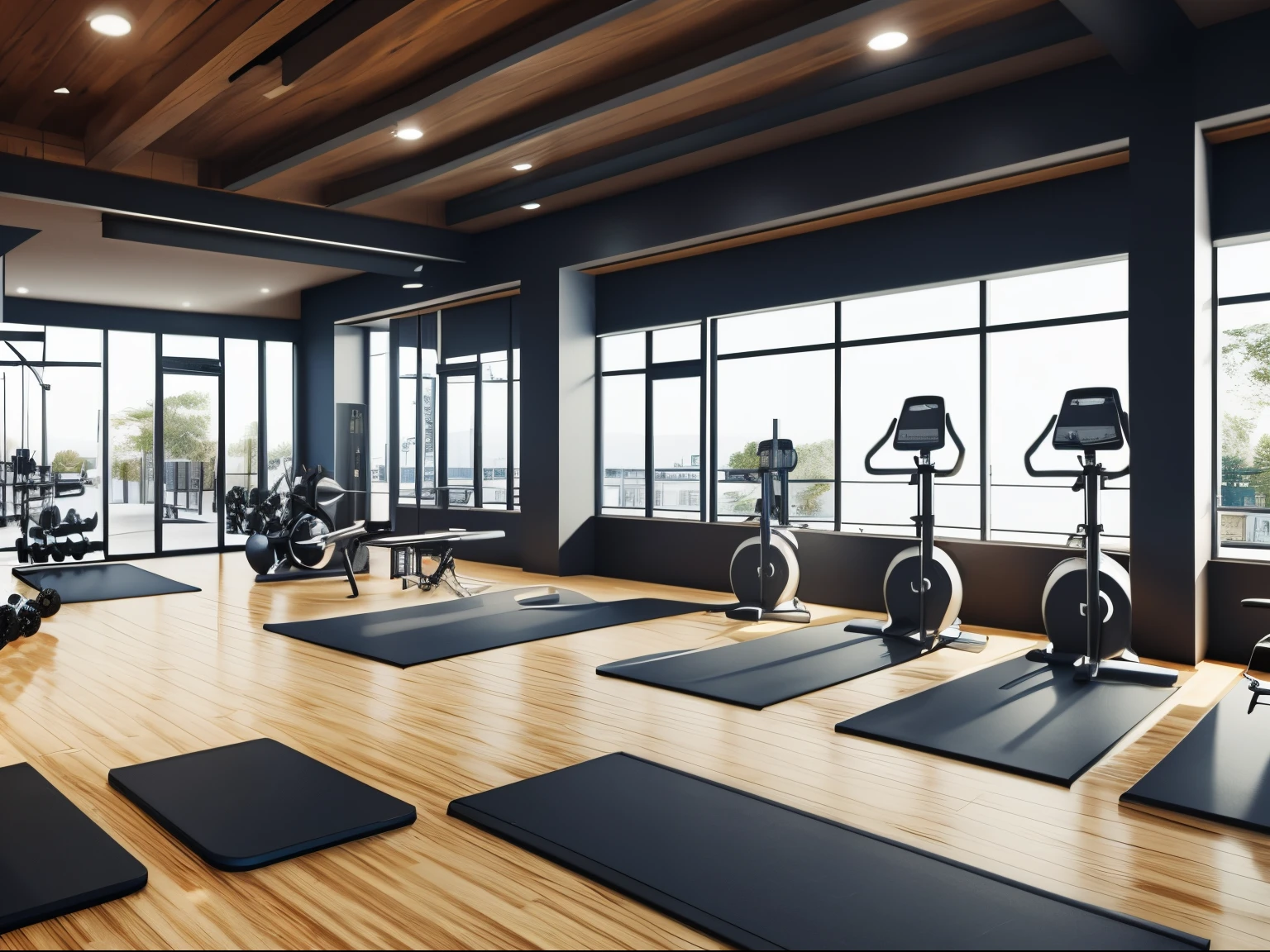 gym view，Equipped with mirrors and a row of exercise equipment, gym background, In the gym, local gym, gym room, workout, wit studio, Fit the figure, high quality rendering, workout, wholesome, realistic physical rendering, cottagecore!! Fitness the body, highly photographic render,