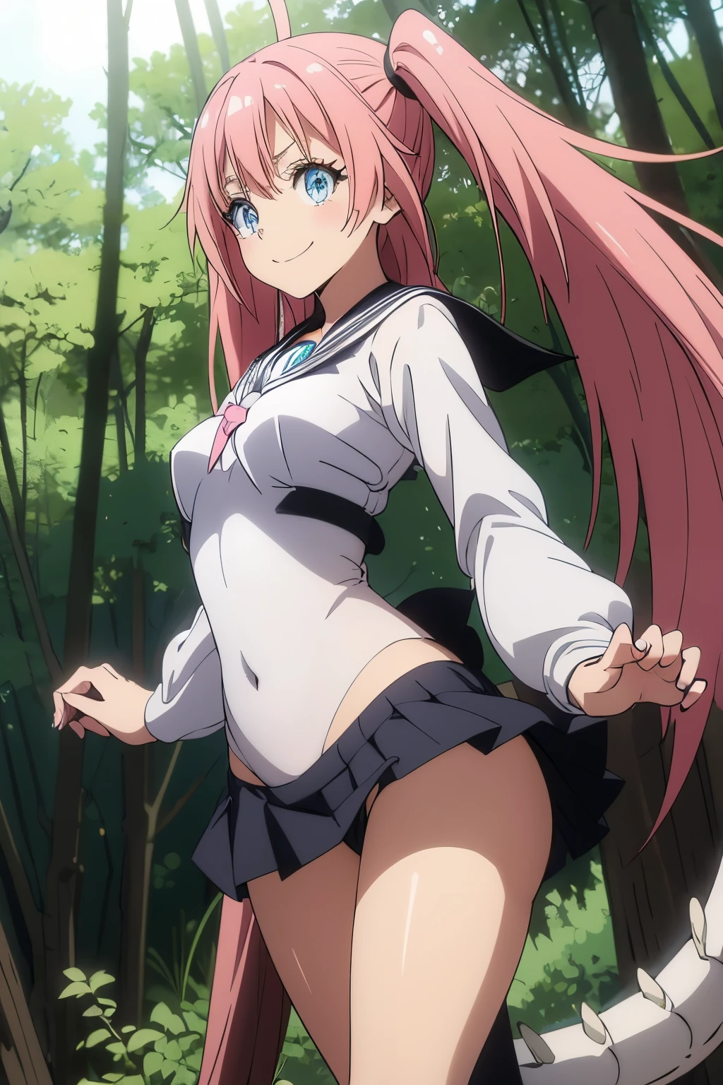masuter piece, Best Quality, 超A high resolution, top-quality, Anime style, The best lighting, Beautiful face, 女性1人、tensei shitara slime datta ken(((milim nava))), demon king、The body of Mirim Nava's masterpiece、(White sailor suit:1.5)、(Black pleated skirt:1.4), Accurate Mirim Surface Area、blue eyes、Behold Evil、A pink-haired、Bicordal、Proud double tail、Barefoot, Medium Feet, Super high quality rounded fingers, ultra-detailliert, Rounded nails painted with ultra-elaborate black nail polish、medium breasts、A smile、huge smile、Great Ahogue, fully body photo, muscular belly, in beach, Ultra-detailed and realistic legs, hyperdetailed face, Perfect settings, (((Prepare for battle))), (((stare at the dragon))), (Background in the forest:1.3), tiny body, Height 135cm,