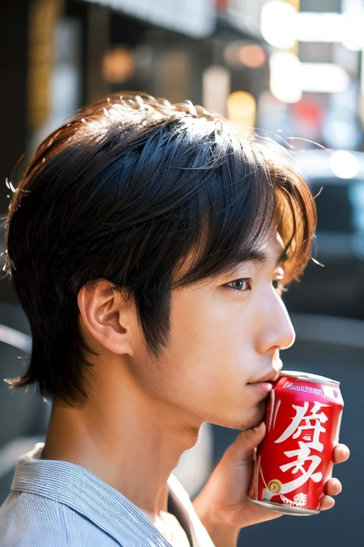 Japan handsome men,profile portrait,holding a can in front of your face