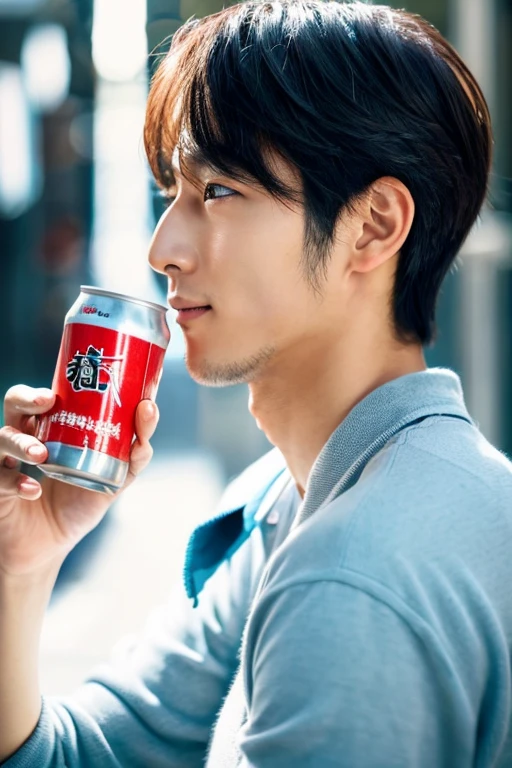 Japan handsome men,profile portrait,holding a can in front of your face