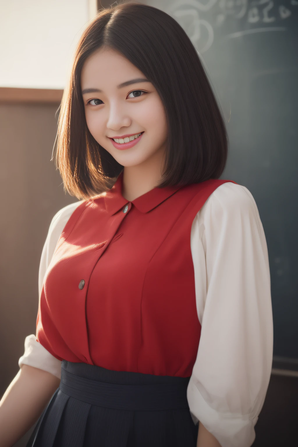 ((8k picture:1.27、top-quality、masterpiece、超A high resolution:1.2))、 A cute Japanese woman, late 20s age、(Beautiful fece:1.5)、1girl in、(High School Teacher、Red Shirt、a miniskirt、Attractive erotic panties)、(a large bust:1.5)、cleavage of the breast、Seductive hips,Dark hair、Clear black eyes、Double eyelids、short-hair、Beautuful Women、High School Classroom、Passionate、chalk board、early evening、Sunset light、A seductive smile、Beautiful skin、Wonderfully beautiful limbs、Functional、profetional lighting、Professional filming、