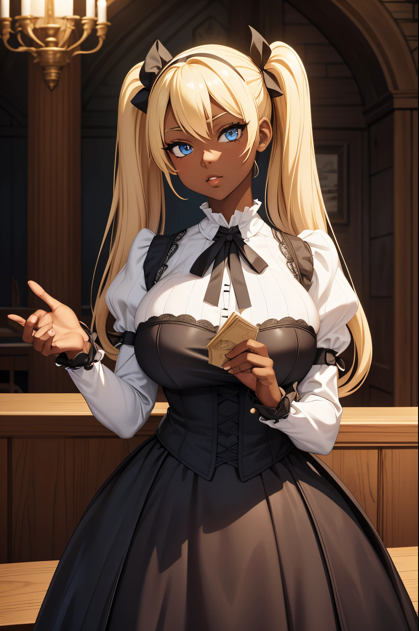 Female, twintails Blonde hair, Blue eyes, dark brown skin, large breasts, wearing gothic ****ta with a castle interior background