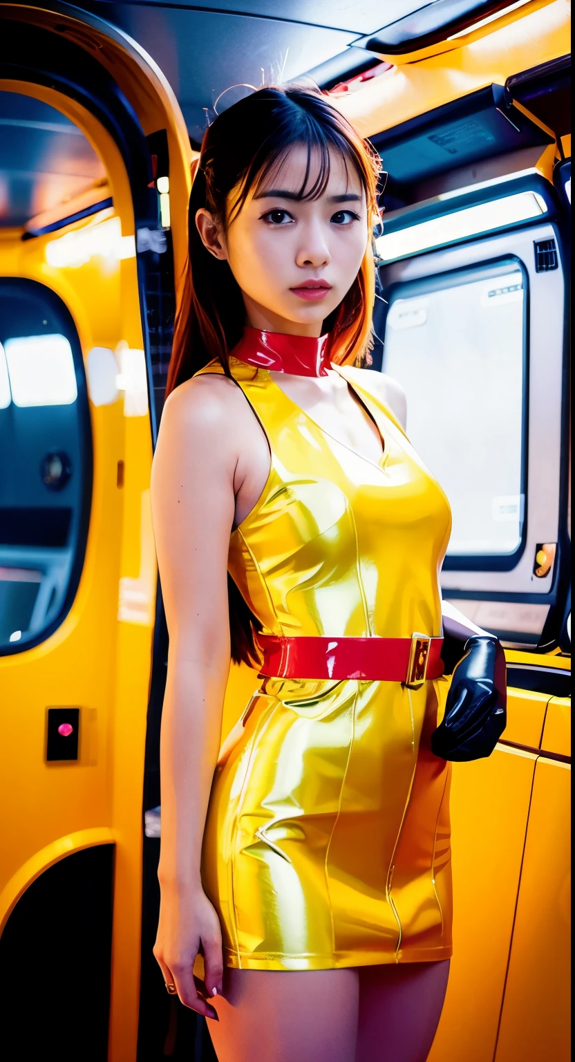 rialistic photo、Fa Yuili、An 18-year-old woman in a yellow dress posing inside a spaceship,White panty、 poneyTail、wearing atsuko kudo latex outfit, faye valentine,Ultra mini skirt、 faye valentine from cowboy bebop, yellow space suit, latex dress, Glossy yellow, taken in 2 0 2 0, as a retro futuristic heroine, trending at cgstation, latex shiny, cyberpunk glossy latex suit, star trek asian woman, shiny gold