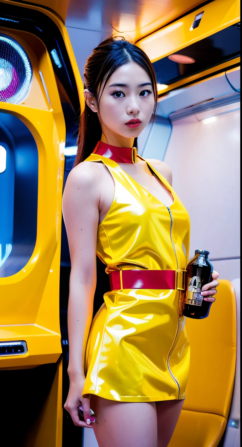 rialistic photo、Fa Yuili、An 18-year-old woman in a yellow dress posing inside a spaceship,White panty、 poneyTail、wearing atsuko kudo latex outfit, faye valentine,Ultra mini skirt、 faye valentine from cowboy bebop, yellow space suit, latex dress, Glossy yellow, taken in 2 0 2 0, as a retro futuristic heroine, trending at cgstation, latex shiny, cyberpunk glossy latex suit, star trek asian woman, shiny gold