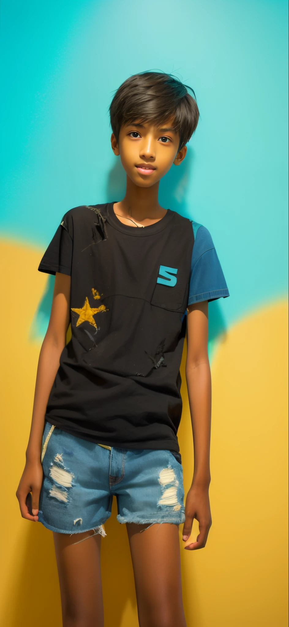 14 year old boy,Wheat-colored skin,Blue ripped denim shorts,black t-shirts,The clothes were tattered,bare-legged,largeeyes,Blue super short hair,tall and lanky skinny,fully body photo,A junior high school student,Grinning,k hd,starryskybackground,电影灯光