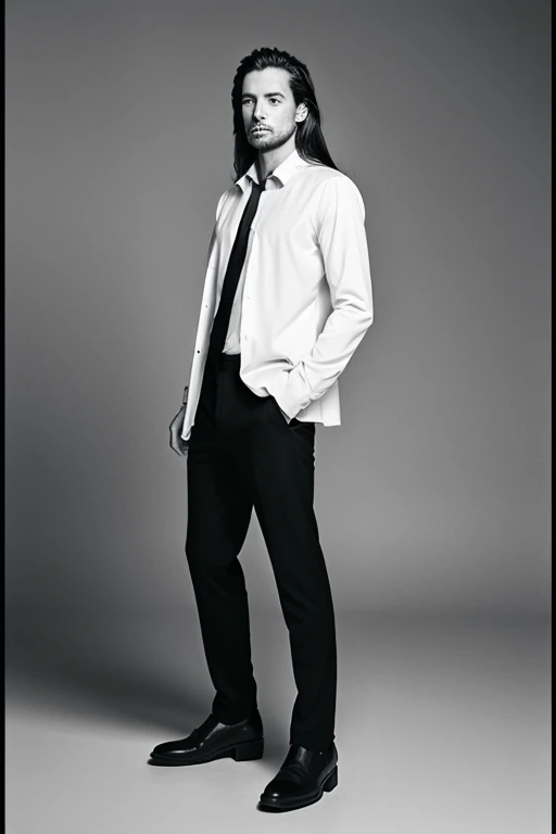 long haired man,Full body portrait in black and white,White background
