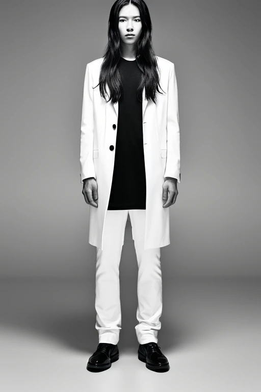 Japanese man with long hair,Full body portrait in black and white,White background