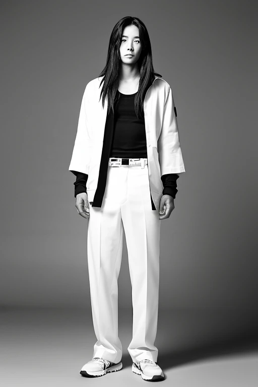 Japanese man with long hair,Full body portrait in black and white,White background