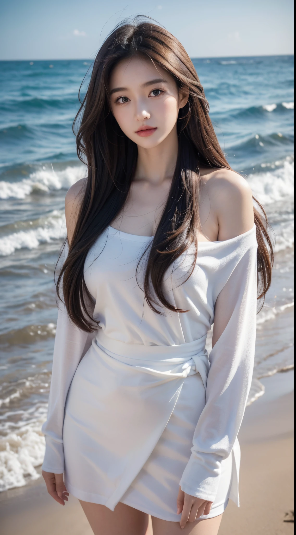 Best quality at best，face to the viewer，girl，Long hair draped over the shoulders，curlies，exquisite facial features，Perfect body structure，JK school uniform，The stands up，standing on the sea side，sandbeach，Bust photo