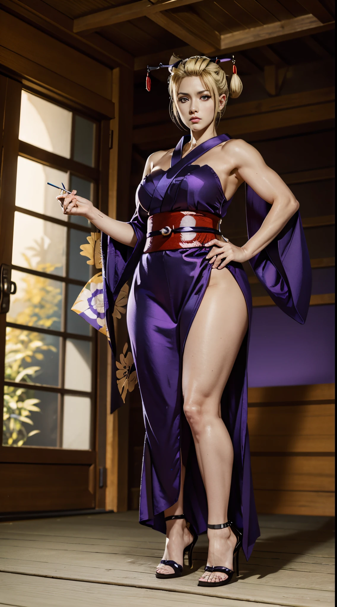 Masterpiece, highlydetailed, Hyperrealistic, HD fullbodyshot from below of a beautiful Tsukuyo from gintama, wearing a falloff shoulders geisha outfit, smoking pipe, face stitchs, glowing purple Eyes, blond hair, hairpins, high heels, traditional fan , perfect face features with serious gaze looking downward, perfect body shape with curvy and muscular seductive body,