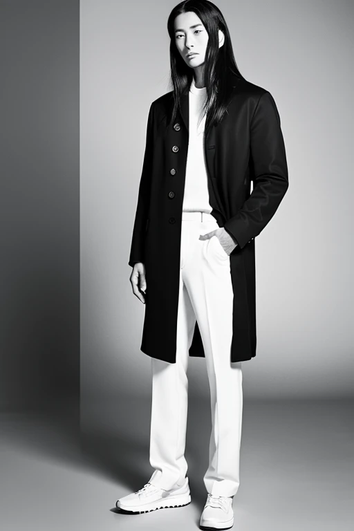 Japanese man with long hair,Full body portrait in black and white