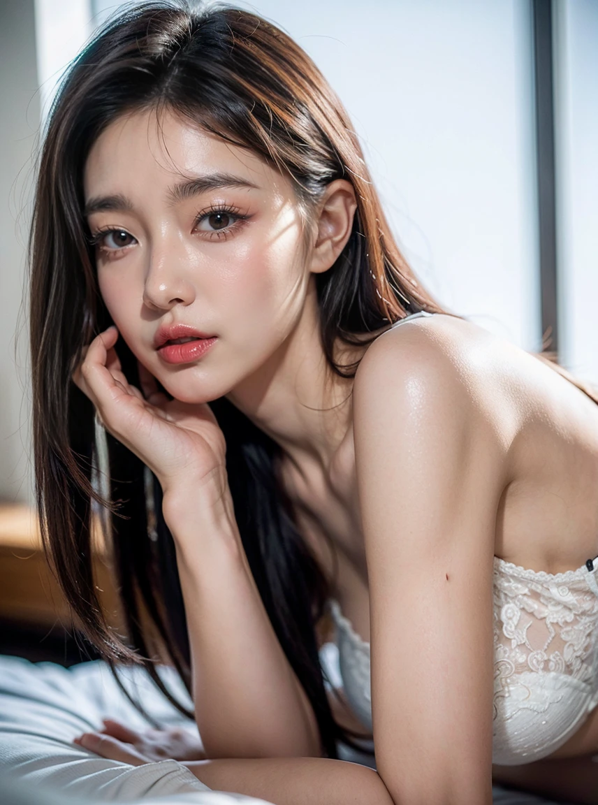 25 year old Korean girl, (woman 1), beauitful face, Expression of wanting to have sex, Balanced body, Beautiful body, detailedskin, Long whit hair, Key 173, tmasterpiece, (hight resolution, Realistic and delicate structure: 1.4), (perfectly balanced body proportions), ((Realistic human body texture image structure)), Attractive woman, (depth of fields), Fanciful, hentail realism, HighDynamicRange, hyper HD, 4K, in 8K, mano, fingers, bare-legged, lying body, hand touching panties