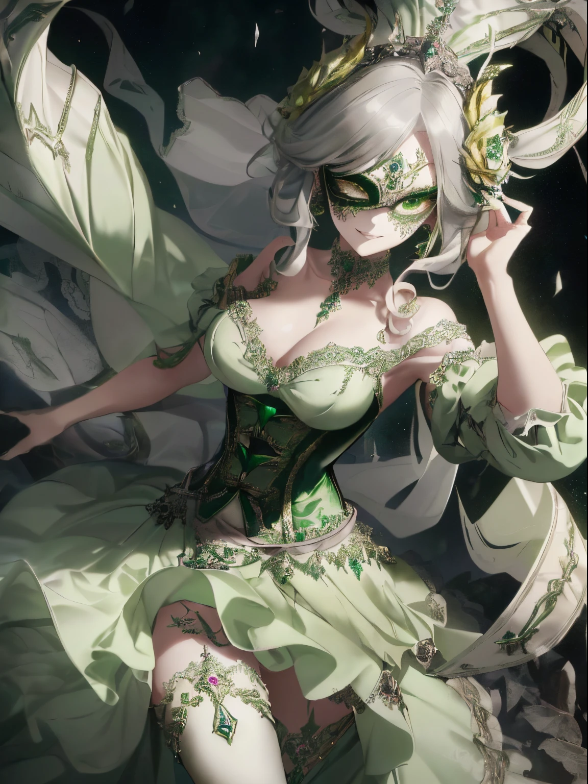 ((Hair mixed with white and green)),(Straight long hair),((She is wearing a mask like one would wear at a masquerade ball......)),((Mask to cover the eyes)),((A dress with a flowing silhouette that shows off your body line beautifully.,green and silver and yellow dress)),(flare sleeve),((corsets)),((The hem of the dress is long enough to reach the ground.)),(A chaotic worldview mixed with black, Green and silver),(Tartarus),(Hellish world),((abyss)),((Have the hem of the dress、please accept me as a nobleman'Daughter of....)),(Invincible smile),((The hem of the dress sways as if dancing.....))