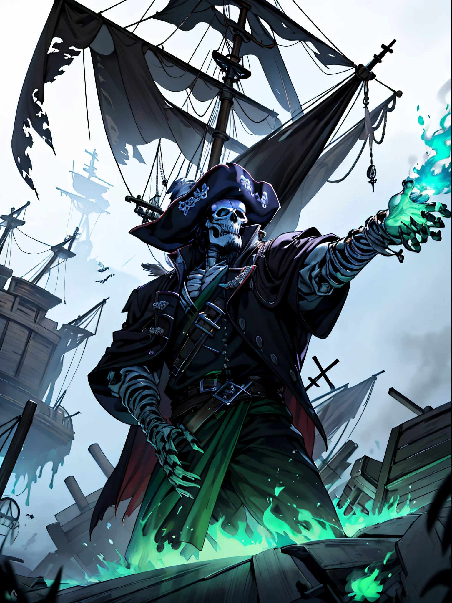 skeleton pirate，Pirate hat，hand-holding（Green Flame Sword），The background is a ghost ship，Sense of oppression