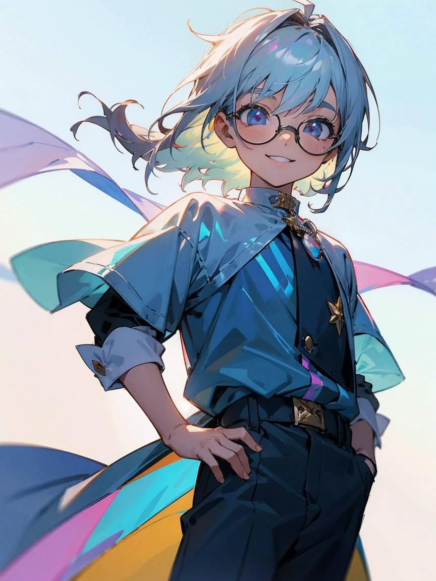 Male , eye glasses,Cowboy Shots,A smile, silber hair,Daytime,Iridescent background,