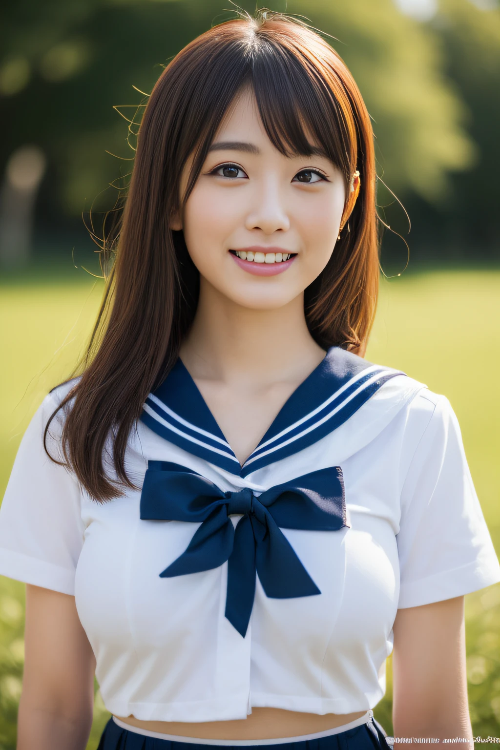 Close up of woman posing for photo,  Japanese Models, Beautiful Asian Girl, 18-year-old female model,  4K、bangss、A dark-haired、bobhair、Middle hair、Straight hair、(white  shirt, Sailor School Uniform, Dark blue pleated skirt:1.2),　(Super cute face in idol style:1.2)、slim and beautiful figure、beutiful breast、A smile、