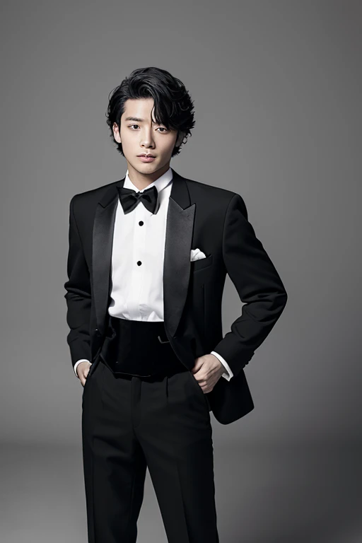 japanese male,Full body portrait in black and white,black tuxedo with black bow tie
