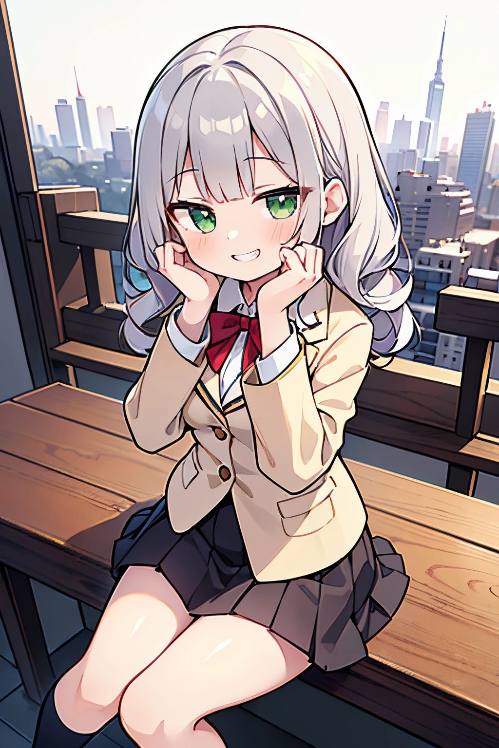 ((Masterpiece)), (Professional Photography:1.2), (High Definition:1.3), best quality, 8K, (from above), Textured skin, cinematic lighting, (1girl), short stature, sitting, ((cute teenage young girl)), (very blunt bangs, slightly loose curls hair, breasts length hair, high details of pale silver hair), ((grin smile)), brilliant green eyes, drooping eyes, ((hands on face)), slender waist, undress slovenly, (pale Ivory color blazer student's uniform), (white blouse), (brown skirt), school in cityscape, red string ribbon