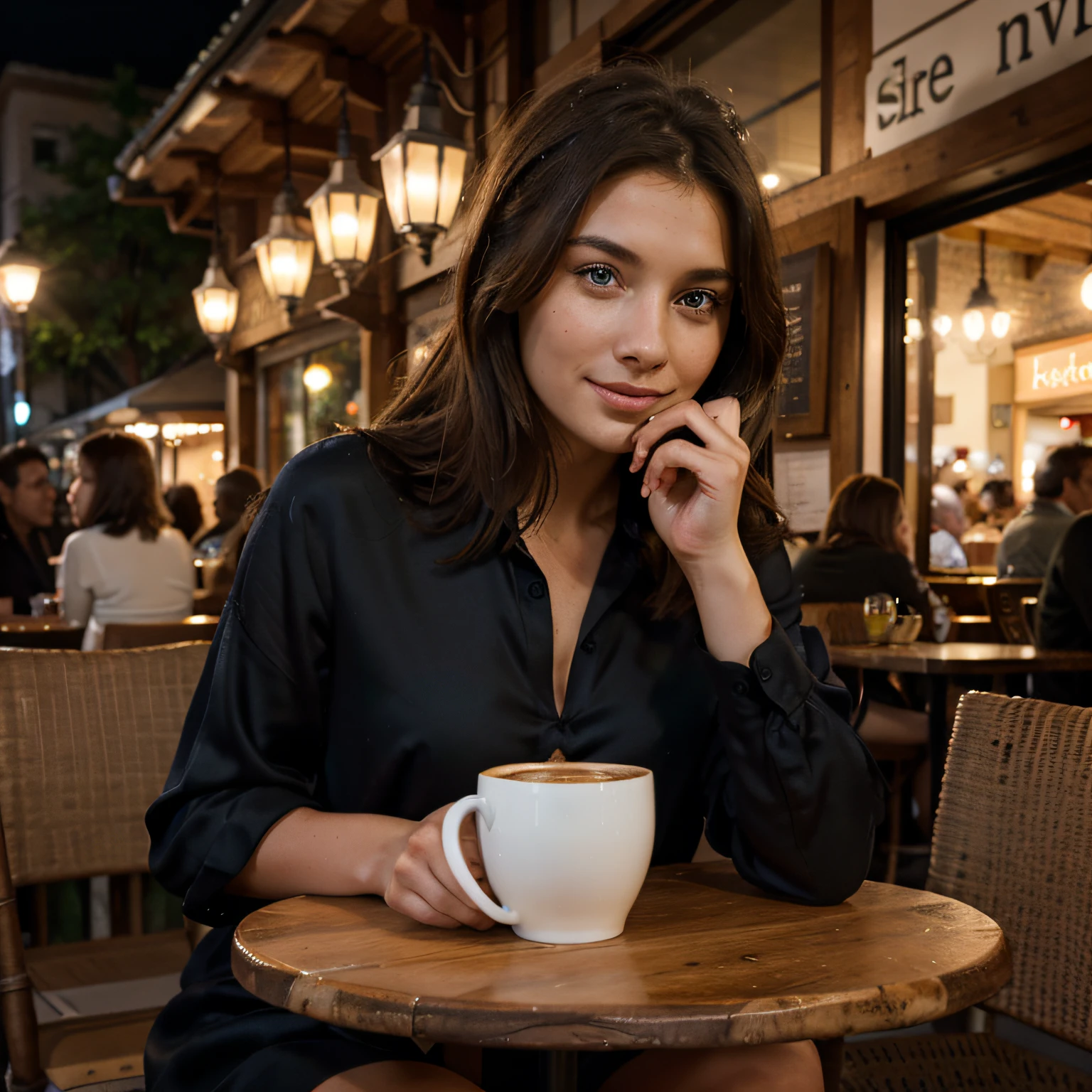 handsome girl, brown hair, blue eyes, The silk black dress gracefully fits her chic figure. A girl sits at a table near a cafe, with a cup of coffee, A slight smile on her face., skin pores, freckles,such a place, like Provence in France, night time, Soft light lanterns. Highest Quality, high detail, hyper realisitc, Hyperreal photo of, cinematic quality, high detail, real coffee cup, medium size coffee cup