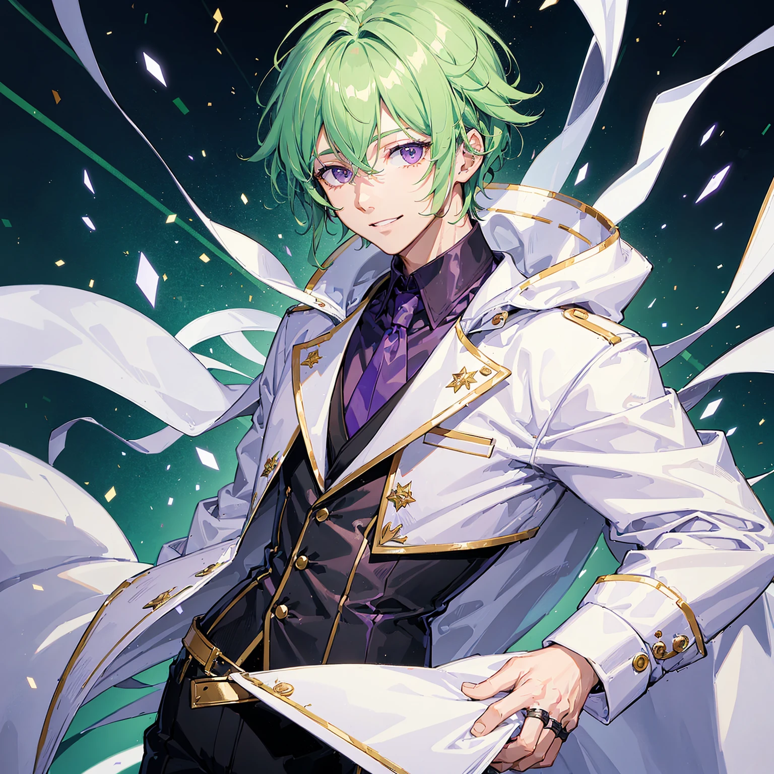 1 boy(30 years old),light green hair,purple eyes,wearing a white coat ,handsome,looking at viewer,seducive smile,
