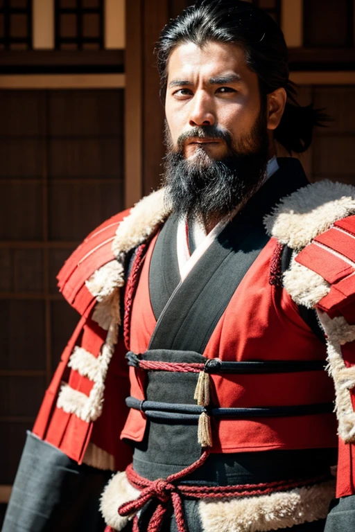 samurais,wearing red armor,Portrait of a bearded Japanese man
