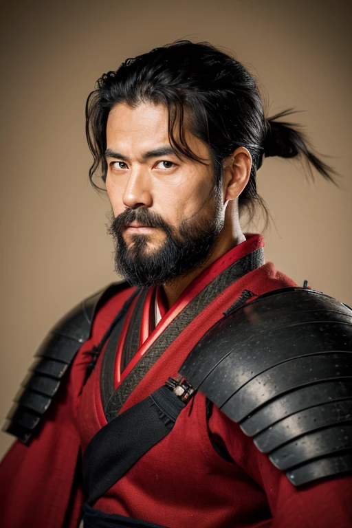 samurais,wearing red armor,Portrait of a bearded Japanese man