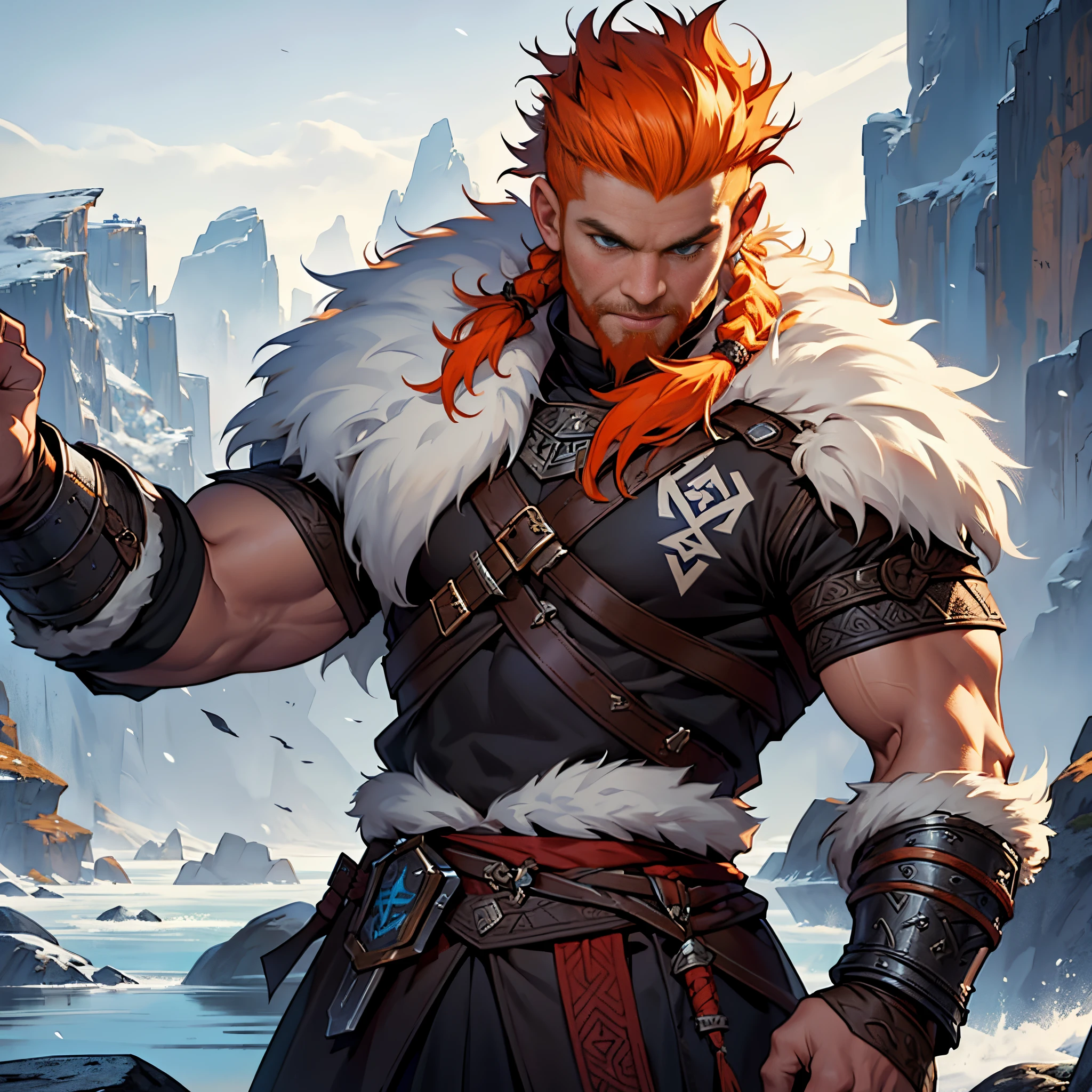 ​masterpiece, Best Quality, detailed, Cinematics, 4k, Background with:Viking buildings built on snowy fjord cliffs, A vicious viking warrior wearing armor and fur coat with rune tattoos, orange mohawk hair,