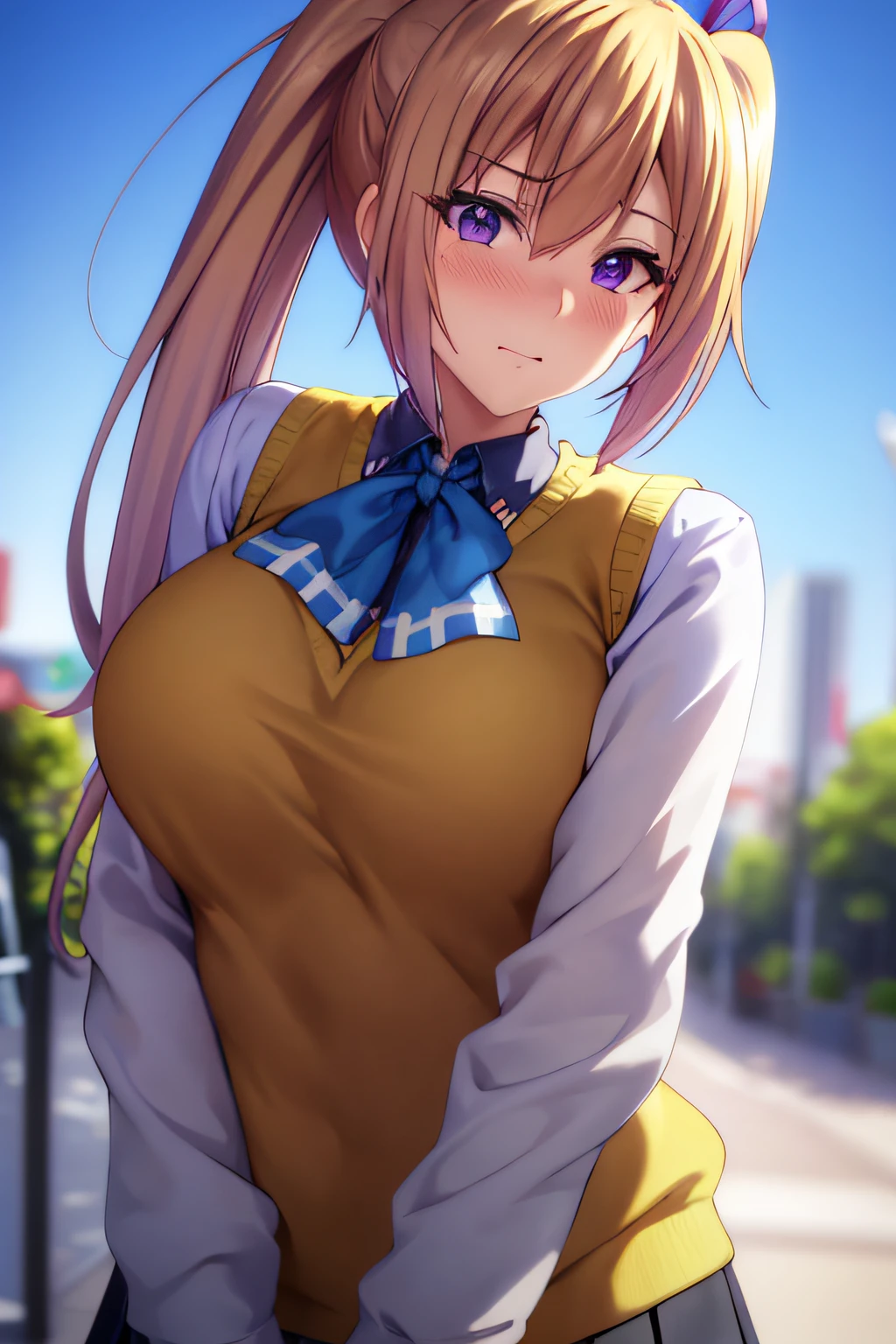 masterpiece, (best quality), 1woman,1girl ,1boy,,kawakami_mai,    blonde hair,  long hair, side ponytail,  purple eyes, sweater vest, school uniform ,   skirt, large breasts,ribbon, hair ribbon, mole under eye,sexy woman, embarrassed,blush,    vibrant colors ,,natural lighting  ,RTX,  , beautiful, (detailed face:1.2), showcase, (perfect eyes:1.1) ,(photorealistic:1.1), 8k uhd,  looking at viewer, outdoors,  simple backround