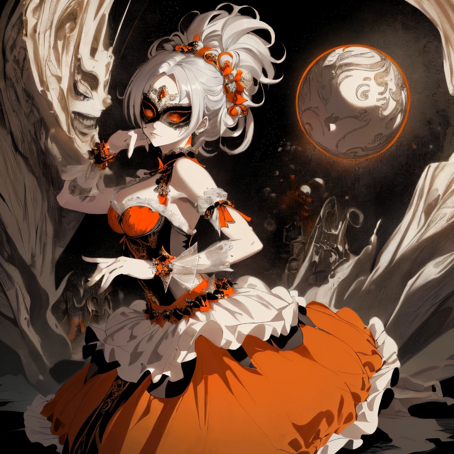 ((orange and white hair)),(Short straight hair),((She is wearing a mask like one would wear at a masquerade ball.......)),((Mask to cover the eyes)),((Show off your body line beautifully、One-piece dress with a flowing silhouette.,orange and silver and black dress)),(flare sleeve),((corsets)),((The hem of the dress is long enough to reach the ground.)),(A chaotic worldview mixed with black, orange and silver),(Tartarus),(Hellish world),((abyss)),((Have the hem of the dress、please accept me as a nobleman&#39;Daughter of....)),(sad and lonely face),((The hem of the dress sways as if dancing......))