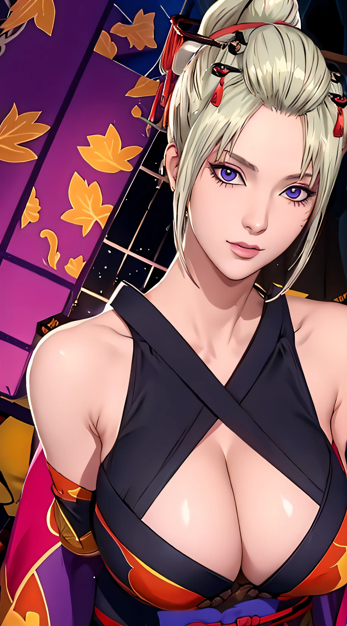 （（（There are scars on the face，Blonde hair, a purple eye, folded ponytail, hair adornments,Autumn leaves pattern kimono, black kimono,Big crotch，S-shaped body:1.7））），((tmasterpiece)),A high resolution, ((Best quality))，tmasterpiece，top-quality，Best quality at best，（（（ exquisite facial features，looking at viewert,There is light in the eyes，Smilingly，self-assured ））），（（（Light and shadow interlace，The large））），（（（dynamicposes, 1 girl, (complete figure:0.9), Alone,, sexy women,Body contours，Raised sexy，Realistic silhouette of human body， ((good body)),Girl posing for photo，Full body lesbian，24 years old female model，perfect foot、have perfect arms)）））