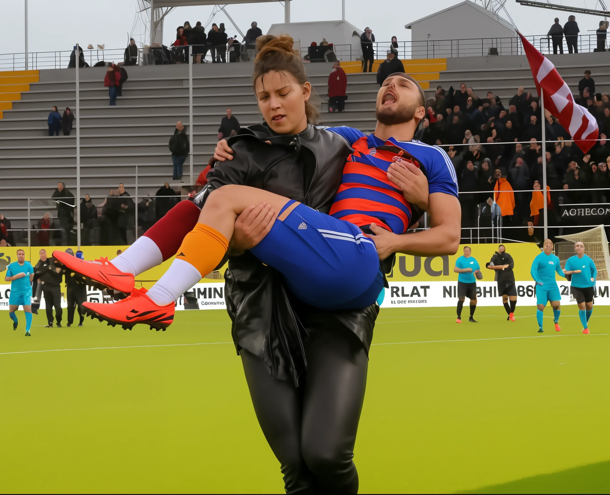She carries the wounded man's body in her hands, Andrea grabs his legs and his body with her hands, the bearded man in Andrea's arms is visibly in pain, stadium atmosphere, the bearded man is lying consciousless in Andrea's arms with one arm hanging down, A scene at a soccer stadium, a bearded man lying in a caring women's arms, lying helpless in her arms with his head dangling down, he has one arm dangling down while being carried in the women's arms, There is an attractive and heavily made-up woman in a long black leather coat, A pretty woman in a shiny black leather coat on a soccer field, A wonderful woman is holding a passed out man, A man in matt and roughened sportswear is held diagonal in her arms, a man in a woman's arms and lets one arm dangling down, we see the man held in front of the woman's body, the man is cradled in the woman's arm while being carried, the beautiful woman is exceptionally heavily made up and has an extremely desperate and very angry expression on her face, high-resolution photo, realistic sports photo, soccer scene, woman in black shiny long leather coat, injury scene, real photo, ultra realistic, high definition, sports photography