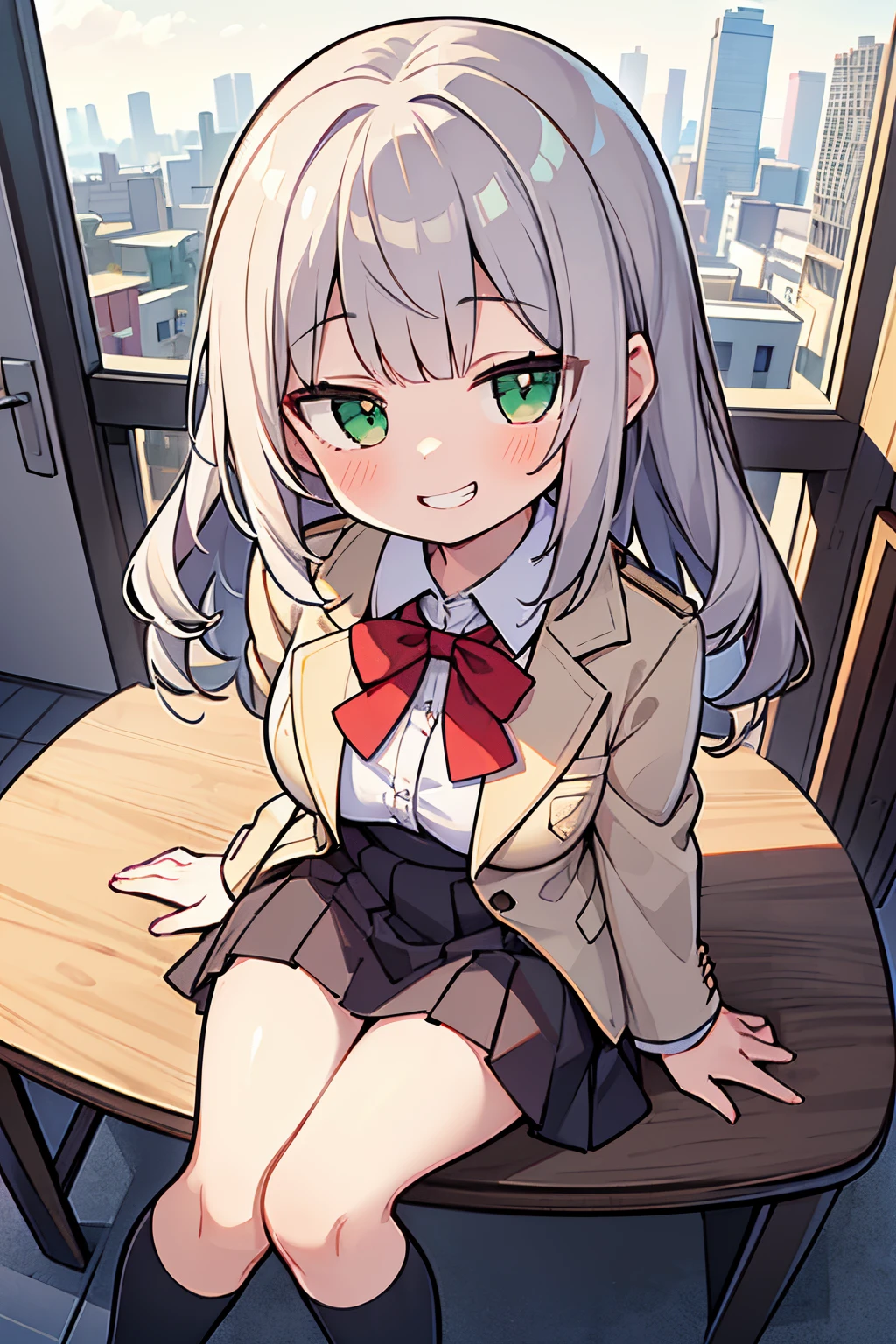((Masterpiece)), (Professional Photography:1.2), (High Definition:1.3), best quality, 8K, (from above), Textured skin, cinematic lighting, (1girl), short stature, sitting, ((cute young girl)), (very blunt bangs, slightly loose curls hair, breasts length hair, high details of pale silver hair), ((grin smile)), brilliant green eyes, (drooping eyes), (hands on hair), slender waist, undress slovenly, (pale Ivory color blazer student's uniform), (white blouse), (brown skirt), school in cityscape, red string ribbon