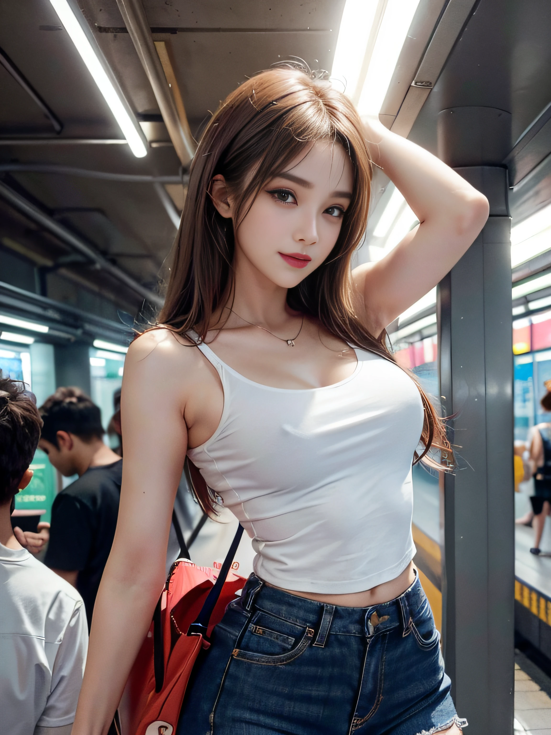 (master piece:1.5),(8K high image quality), (top-quality), (RAW image quality), (Very bright photos), (Photographed by a professional photographer)),largeeyes,long eyelasher,,The Ultimate Face,face realistic light,Clear facial features,milky skin, Realistic skin details,),Best portraits,Close-range shooting, only one adult female, (Adult beauties,30-years old),Beautiful detailed eyes, beautiful detailed nose ,(Beautiful face with double eyelids), (3/4 Length),(30-years old),(Beautiful Face 1.4),A slender,(Please wear short T-shirts and hot pants:1.2),((Make your audience smile)),Straight long hair,Lame around the eyes,lipsticks,耳环,((Short T-shirt.)),Very beautiful legs,(((In the subway,))),((Smile at your audience)),Very simple short T-shirt and hot pants.,Smile without opening your mouth,((Shooting angle from the front)),,Undersized breasts,(Make eye contact with your audience),(stand up),Very beautiful figure,((Assuming Seductive Poses)),(Standing),((No bra,Prominent nipples)),Small,nipples are protruding,No bra