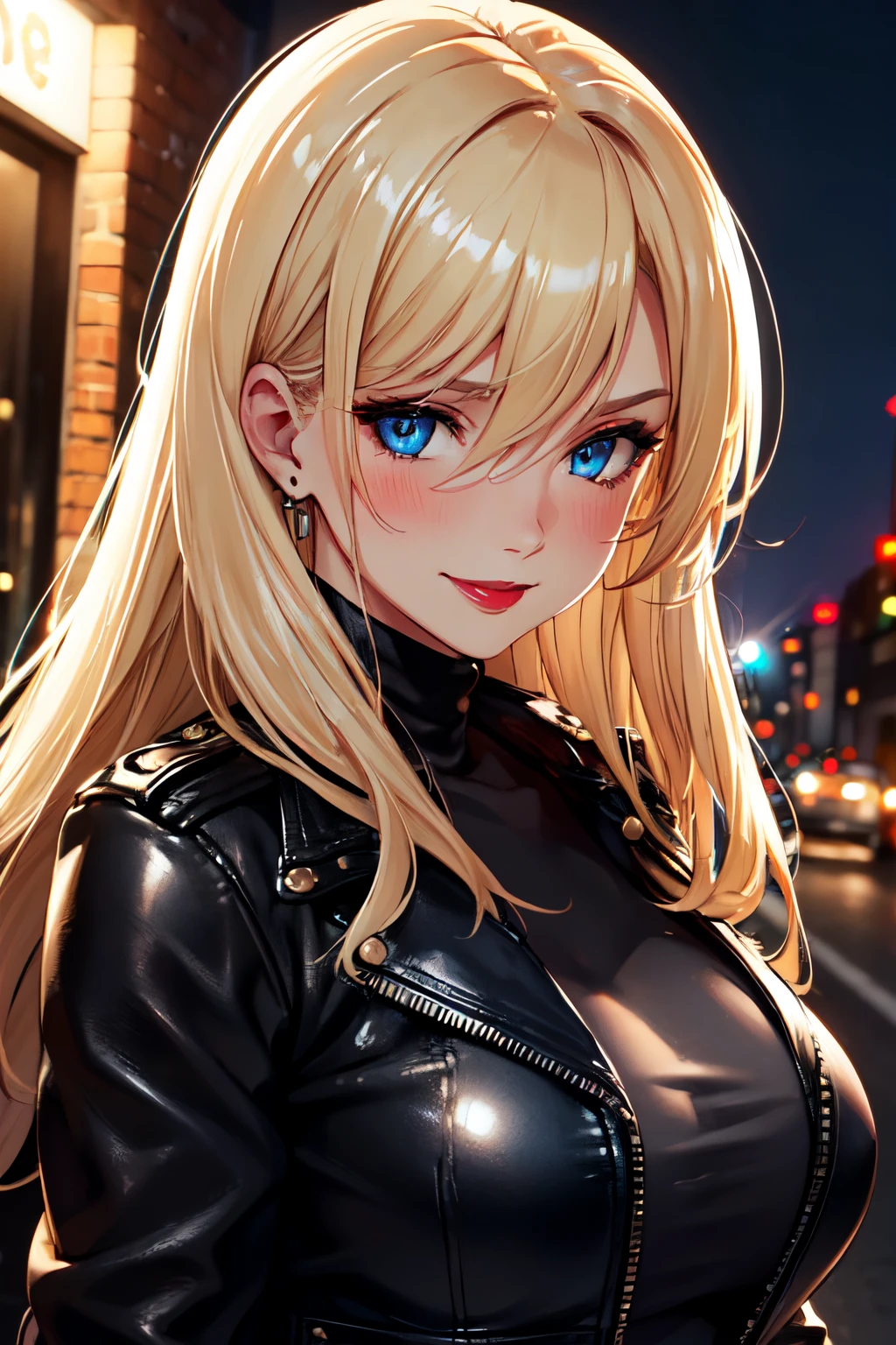 (High quality, High resolution, Fine details), black leather jacket, glossy red lipstick, tousled blonde hair, urban setting, dramatic lighting, solo, curvy women, blue eyes, (Detailed eyes), smile, blush, Sweat, Oily skin, shallow depth of field