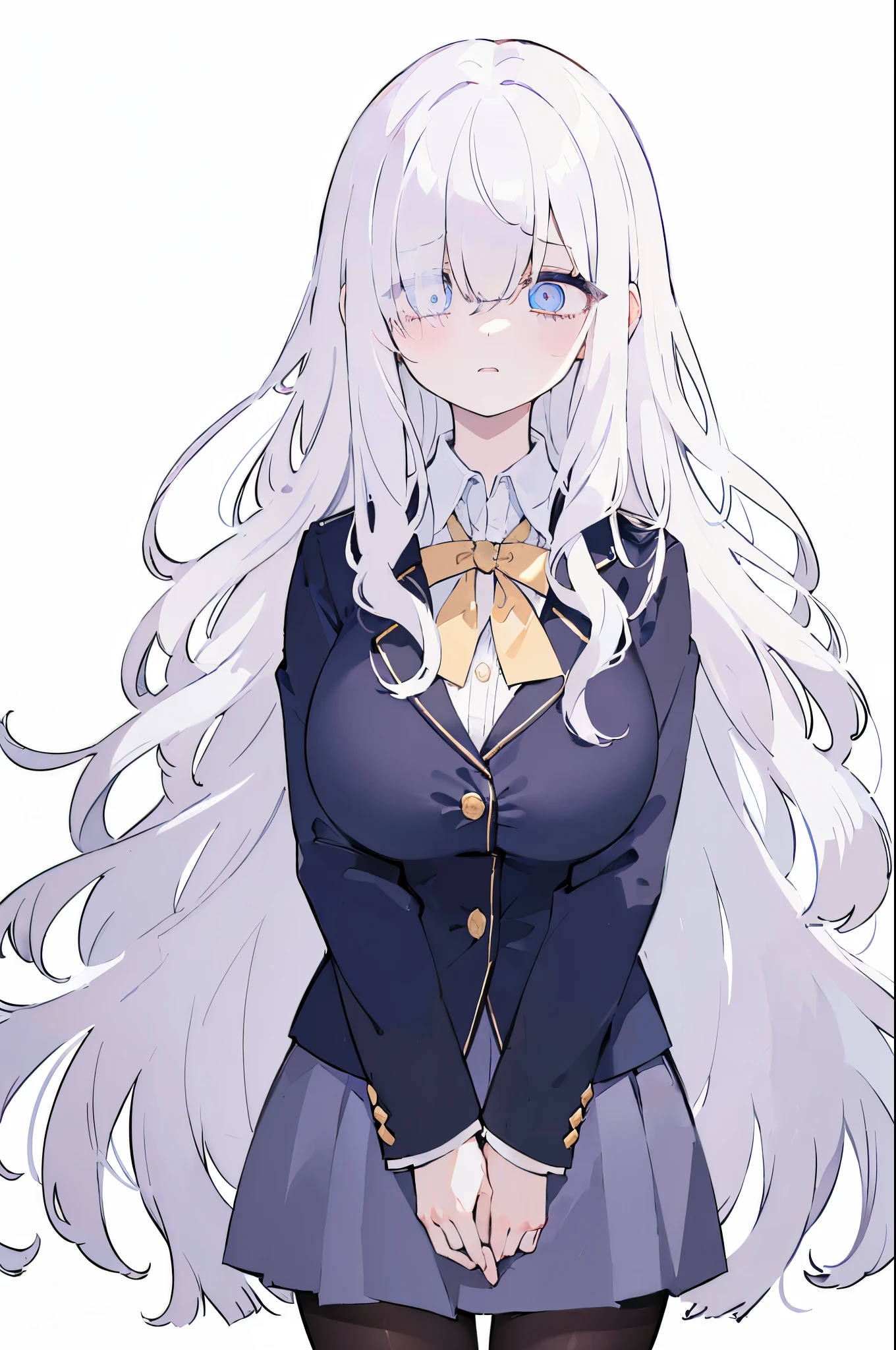 (((Wavy Hair))),White hair,anguish,(((Eyes visible from bangs,hair over eyes:1.3))),Lori,Huge breasts,Purple eyes,School uniform,(Dark blue blazer),1girl in,Blunt bangs,Long hair, pantyhose,Cowboy Shot,white background