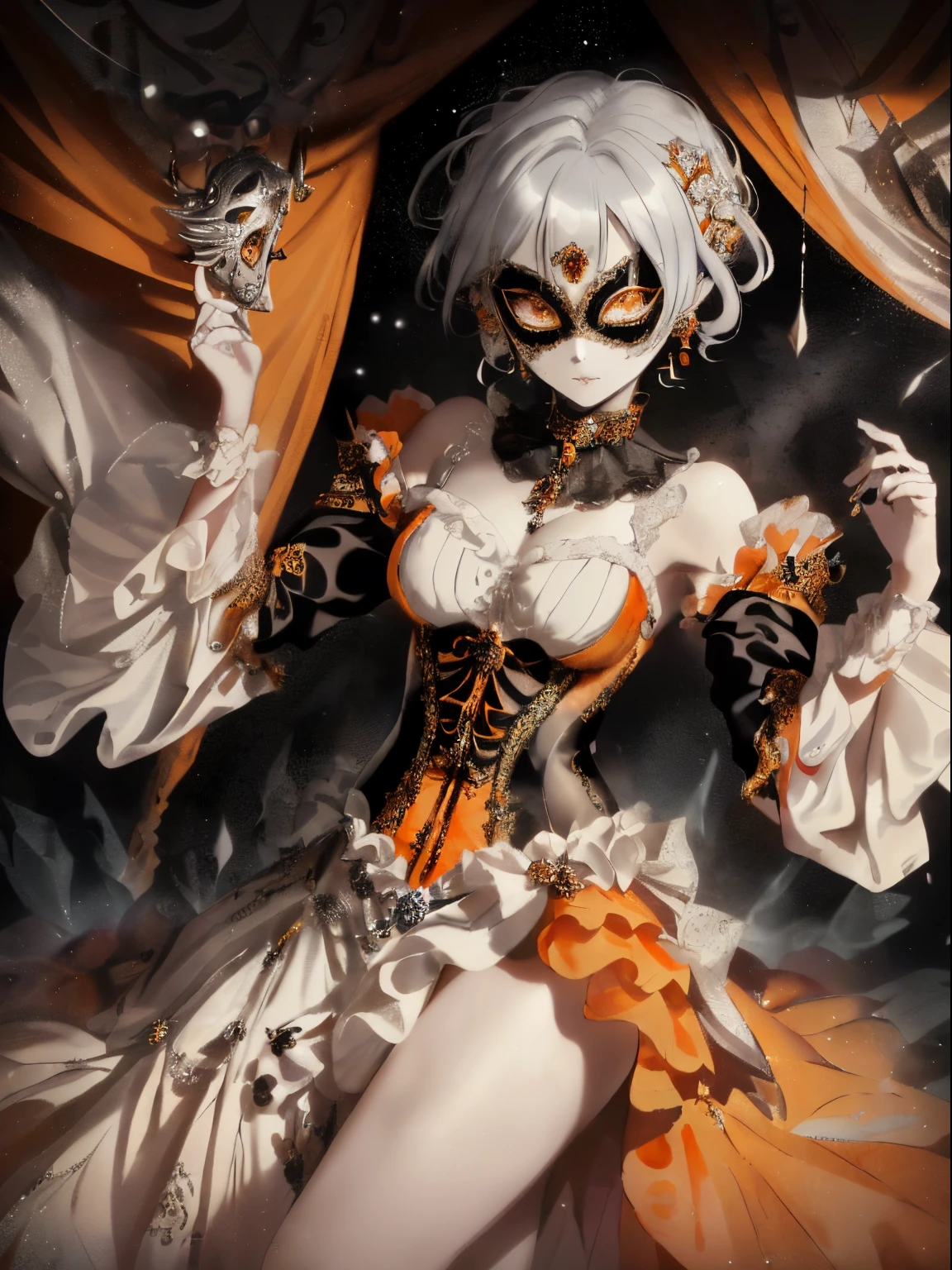 ((orange and white hair)),(Short straight hair),((She is wearing a mask like one would wear at a masquerade ball........)),((Mask to cover the eyes)),((Show off your body line beautifully、One-piece dress with a flowing silhouette.,orange and silver and black dress)),(flare sleeve),((corsets)),((The hem of the dress is long enough to reach the ground.)),(A chaotic worldview mixed with black, orange and silver),(Tartarus),(Hellish world),((abyss)),((Have the hem of the dress、please accept me as a nobleman&#39;Daughter of....)),(sad and lonely face),((The hem of the dress sways as if dancing.......))