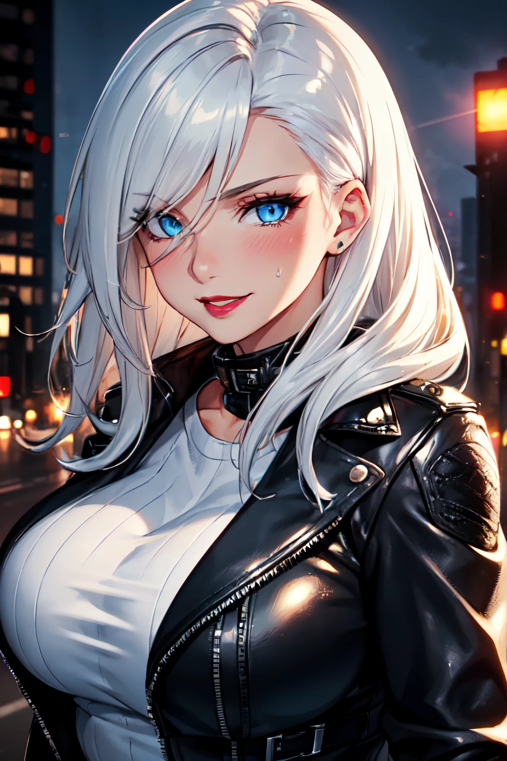 (High quality, High resolution, Fine details), black leather jacket, glossy red lipstick, tousled White hair, urban setting, dramatic lighting, solo, curvy women, blue eyes, (Detailed eyes), smile, blush, Sweat, Oily skin, shallow depth of field