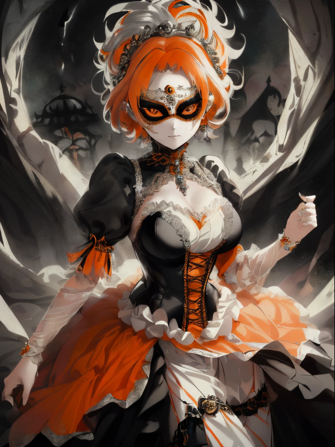 ((orange and white hair)),(Short straight hair),((She is wearing a mask like one would wear at a masquerade ball........)),((Mask to cover the eyes)),((Show off your body line beautifully、One-piece dress with a flowing silhouette.,orange and silver and black dress)),(flare sleeve),((corsets)),((The hem of the dress is long enough to reach the ground.)),(A chaotic worldview mixed with black, orange and silver),(Tartarus),(Hellish world),((abyss)),((Have the hem of the dress、please accept me as a nobleman&#39;Daughter of....)),(sad and lonely face),((The hem of the dress sways as if dancing.......))