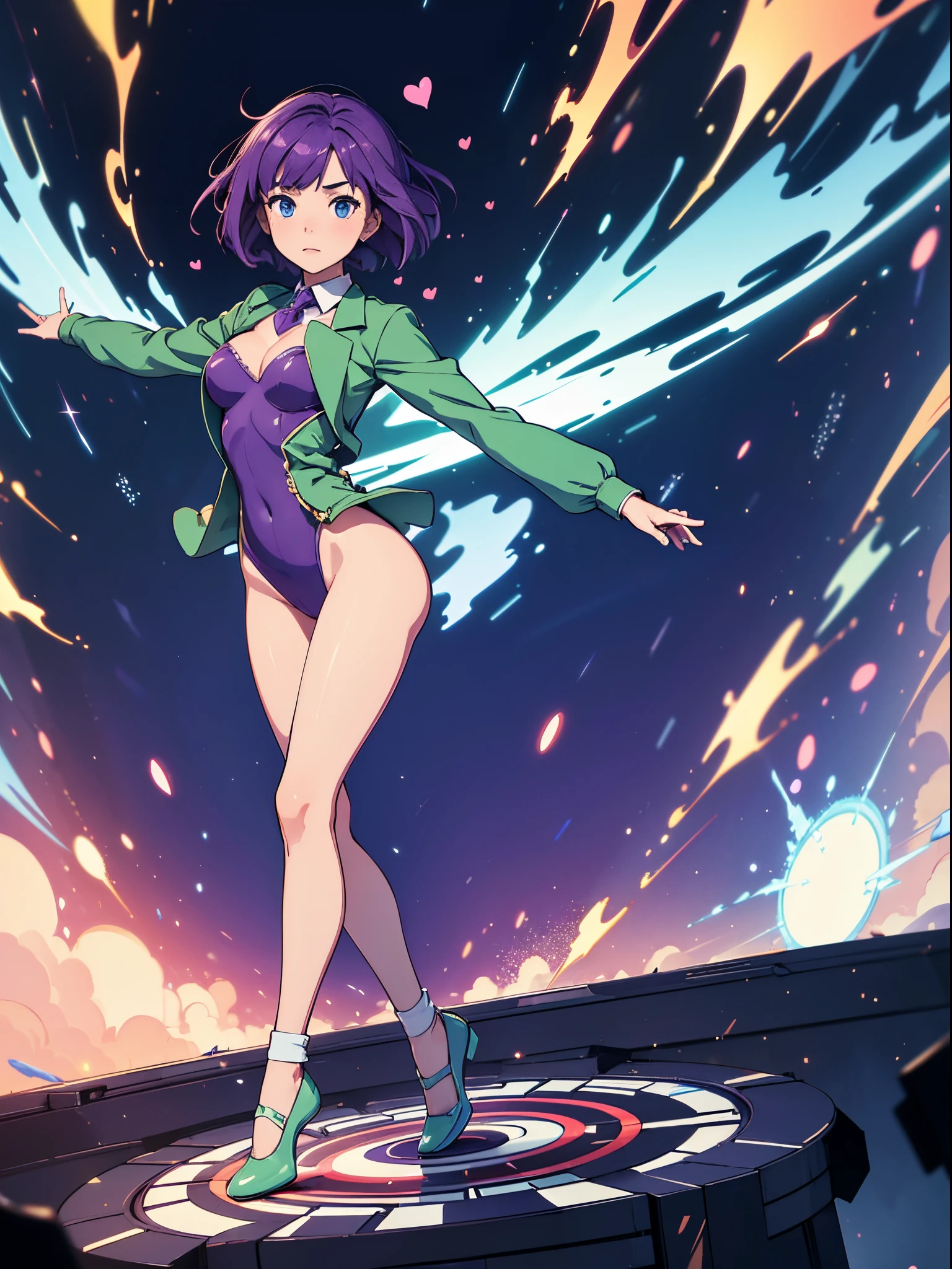 ((masterpiece)), ((best quality)), highres, 1girl, solo, green suit and tie, leotard, bare legs, matching shoes, looking at viewer, city backdrop, perfect hands, perfect eyes, perfect leotard, perfect legs, perfect arms, perfect fingers, medium breasts, standing, purple hair, short hair, bob hair, blue eyes, standing, (full body), super spin, twirl, magic, spread arms, light particles, power, swirls, (heart particles:1.1), spinning around, super speed