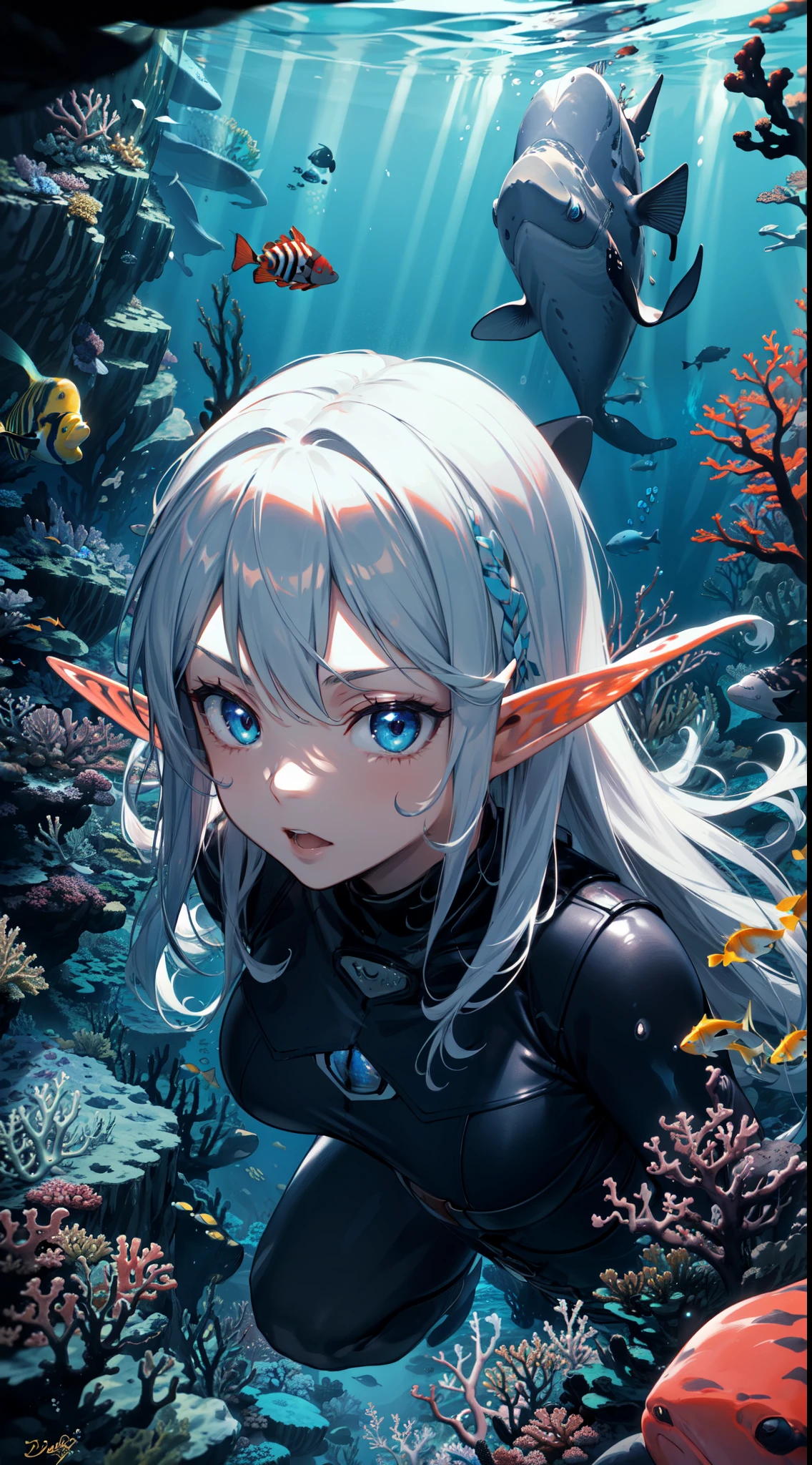 (masterpiece, best quality, ultra-detailed, best shadow), (beautiful detailed face:1.3),(solo), (family_friendly:0.8),high contrast, ultra-high resolution,(elf, 1girl under deep sea:1.6),(diving AND petting a whale:1.3),full body, (big breast:1.2), diving suit,refract light from above,glowing_light,vivid seaweed,colorful corals, looking_afar, tropical fish,(turbulence disturbed hair:1.2),([blue|silver] hair:1.1), art style by nine_(liuyuhao1992), by Yusuke Murata, Artgerm