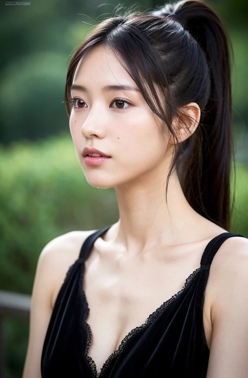 ( (8K:1.27), Best Quality, masutepiece, Ultra High Resolution:1.2) photo beautiful Japanese woman (Beauty:1.1) (Black Dress) Designed by Gregg Rutkowski and Alphonse Mucha、Design intricate elegance, Fantasy, detail, Geometry, Gradient lighting, 1girl in, Delicate skin, Looking at the viewer, Brown eyes, (High Ponytail: 1.2), (medium breasts⁩: 1.0), (medium areola: 0.8), (Photorealistic:1.4), (Best Quality:1.0), (Ultra High Resolution:1.0), 8K, Raw photo, (masutepiece:0.2), (pureerosface_v1:0.5)，Small lips