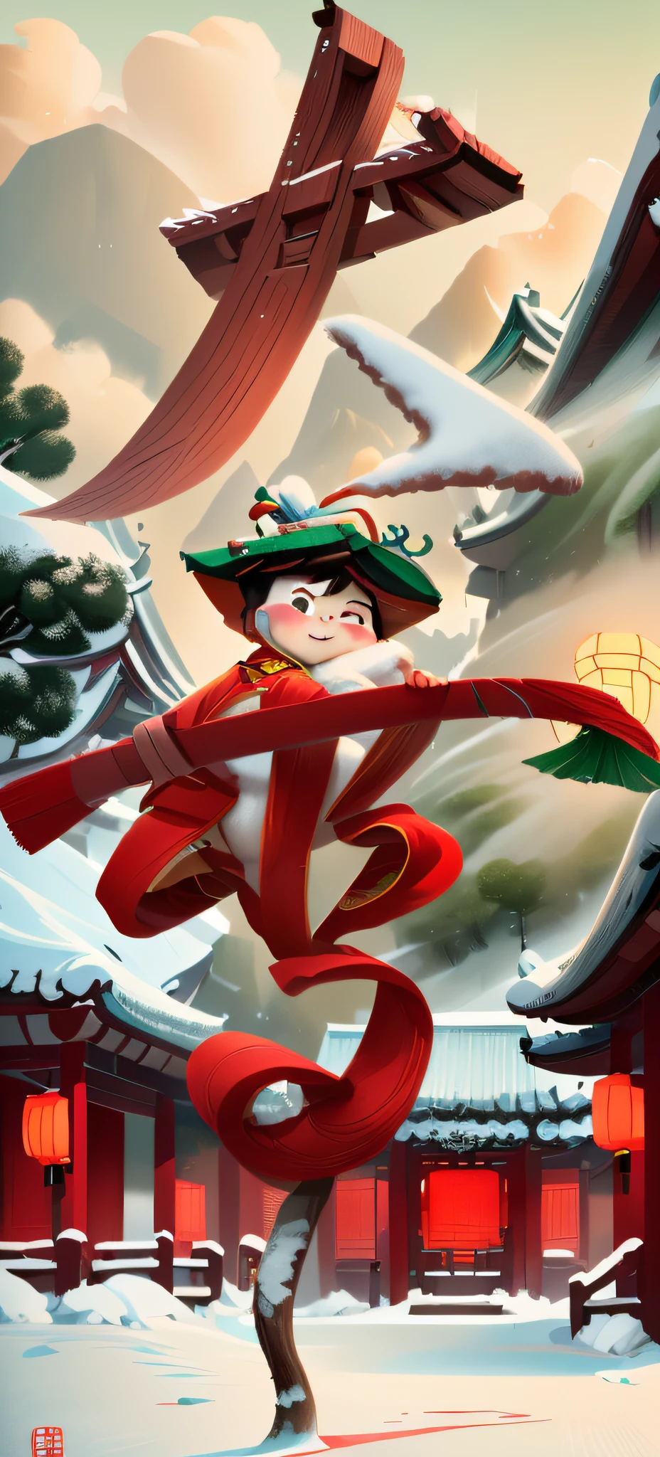 chineseidol,Heavy snowy weather,Chinese tradition,tmasterpiece,high high quality,ultra - detailed,Super refined,8K,Green style, Bright picture