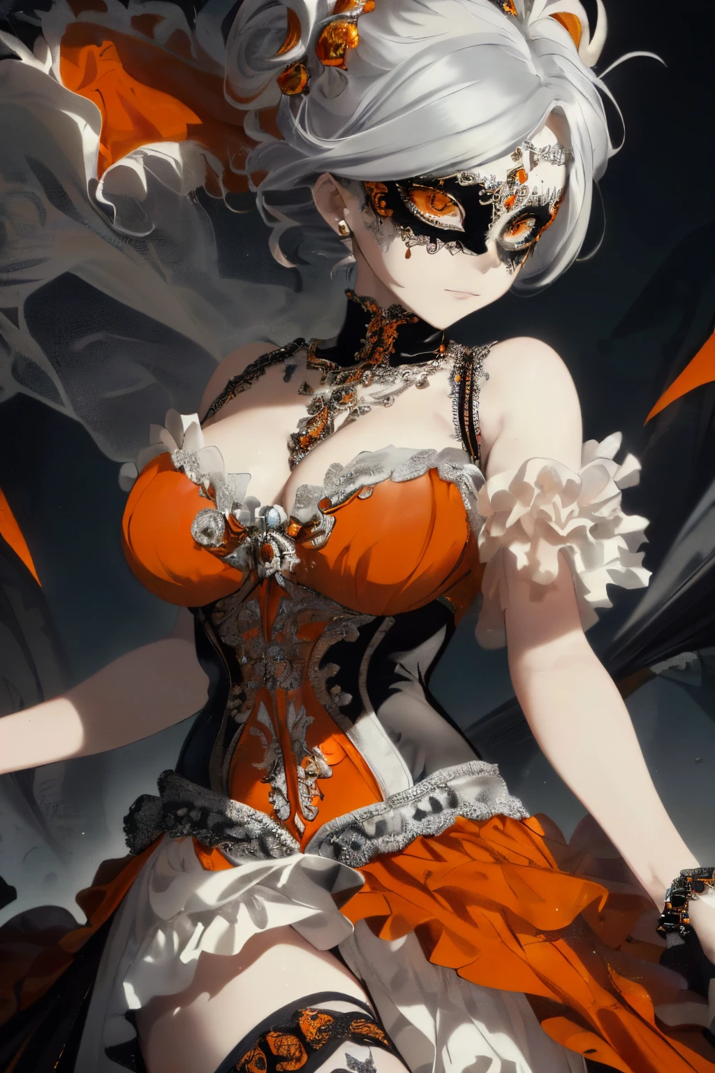 ((orange and white hair)),(Short straight hair),((She is wearing a mask like one would wear at a masquerade ball..)),((Mask to cover the eyes)),((Show off your body line beautifully、One-piece dress with a flowing silhouette.,orange and silver and black dress)),(flare sleeve),((corsets)),((The hem of the dress is long enough to reach the ground.)),(A chaotic worldview mixed with black, orange and silver),(Tartarus),(Hellish world),((abyss)),((Have the hem of the dress、please accept me as a nobleman&#39;Daughter of..)),(sad and lonely face),((The hem of the dress sways as if dancing...)),(close up of face),