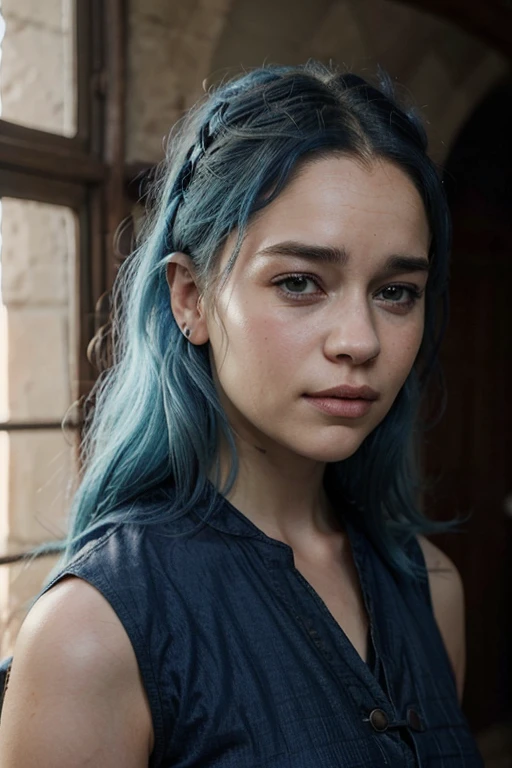 Please make an image of a 21 years old woman with blue hair and make her face look like emilia clarke