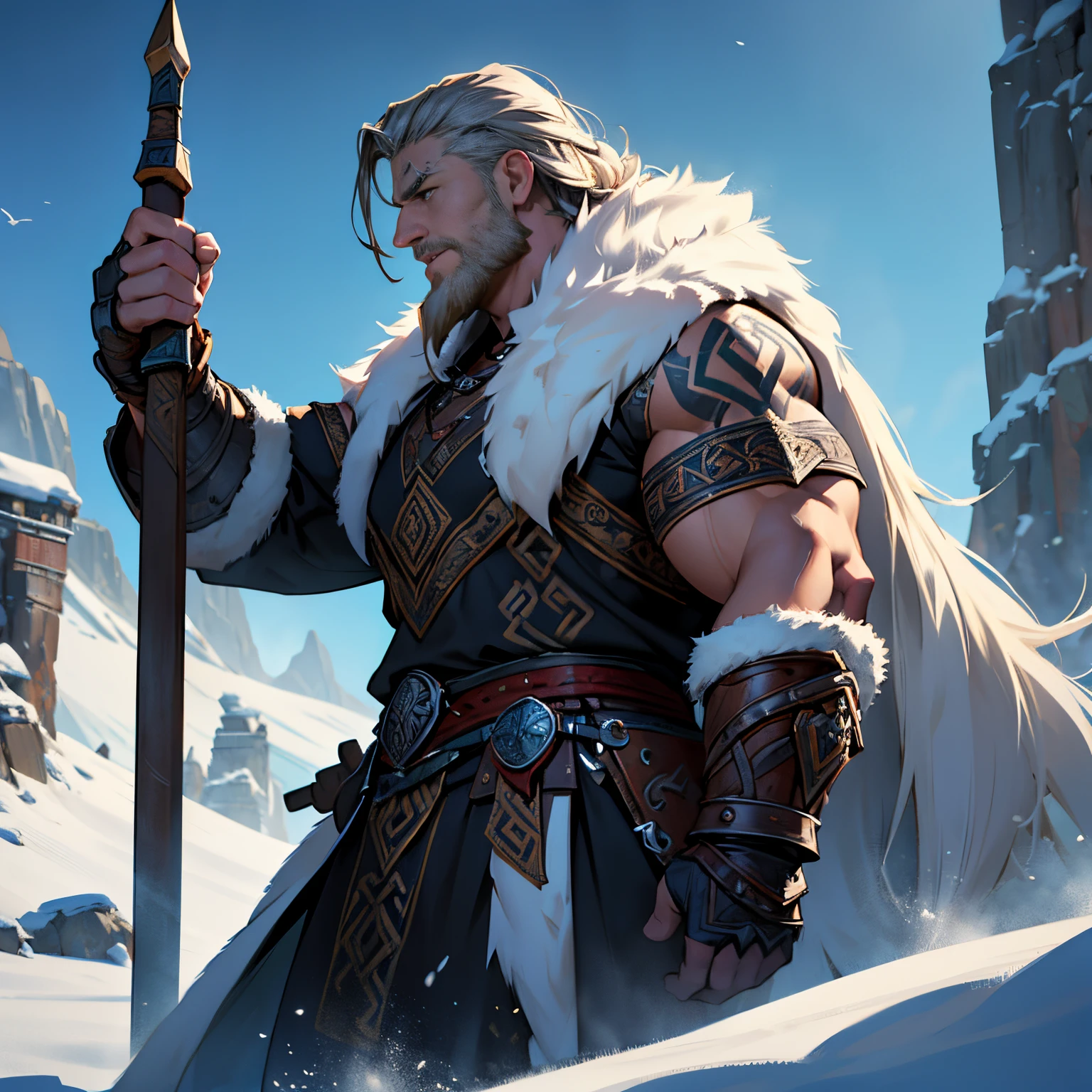 masterpiece, Best Quality, detailed, Cinematics, 4k, Background with:Viking buildings built on snowy fjord cliffs, Viking female warrior wearing armor and fur coat with rune tattoos, Big Guy,