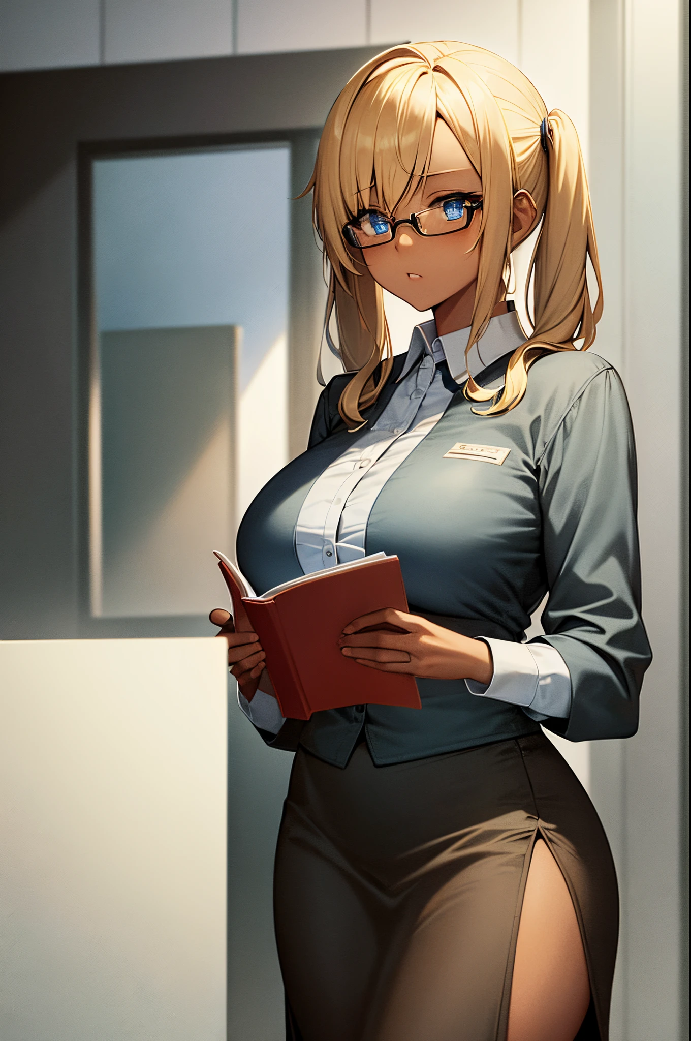 Female, twintails Blonde hair, Blue eyes, dark brown skin, large breasts, wearing office lady uniform and reading glasses in an office background