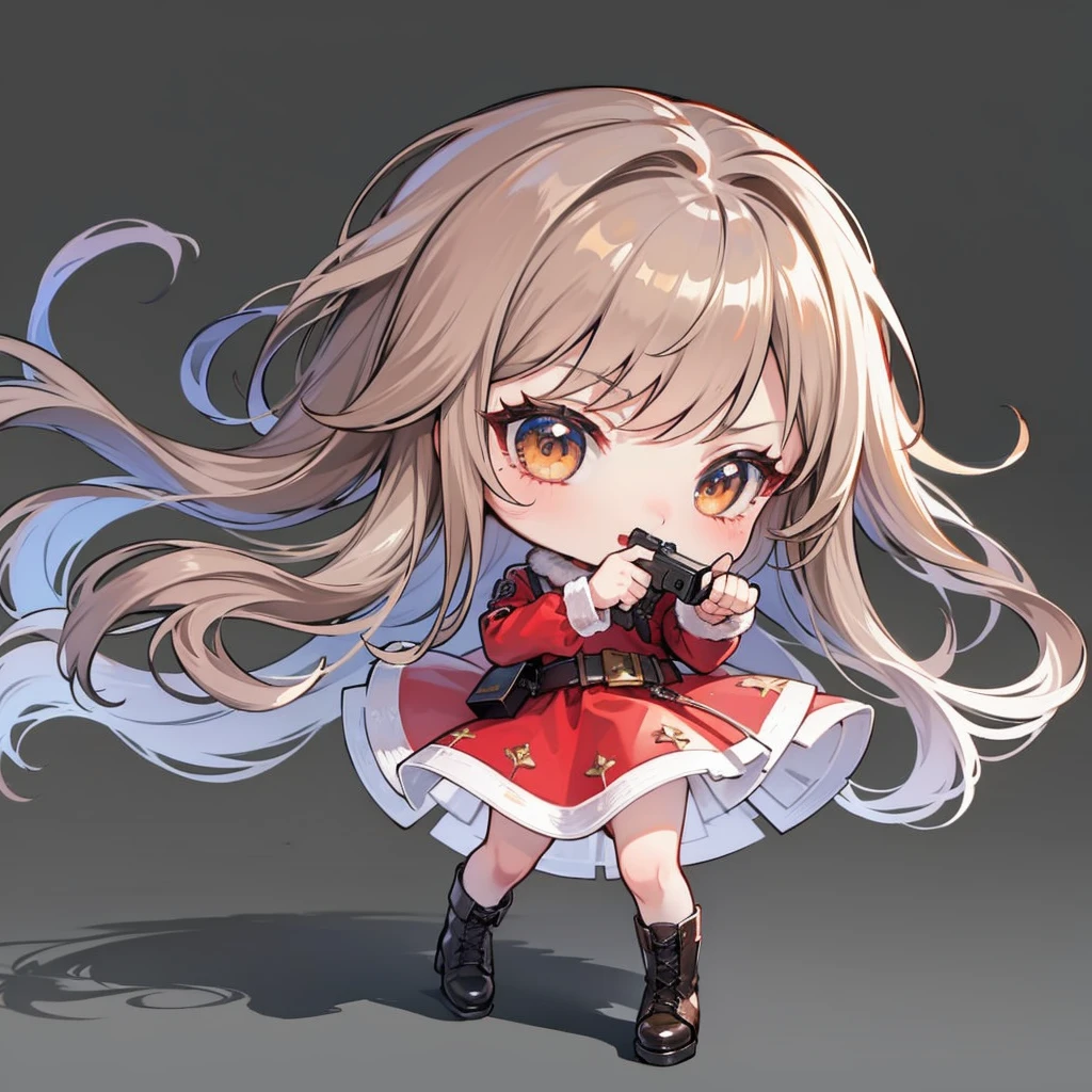 Chibi, ((full body Esbian)), Santa Claus Dress, In lace-up boots, very long disheveled brown hair, with brown eye, Guns in both hands, combat pose, estilo chibi, white backgrounid,simple background,Holding a gun,1 persons,No background,A dark-haired,1 girl in,Solo