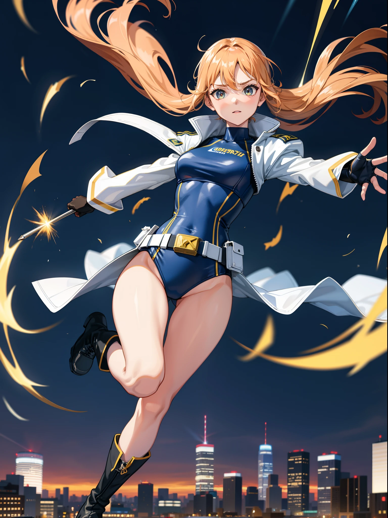 1girl, medium breasts, leotard, high cut leotard, bare legs, belt, boots, gloves, superhero, city backdrop, solo, single, raised arms, standing, twirling, spinning like a tornado, wind swirls surrounding her body, energy emitting from her body, full body shot, cowboy shot, superpower, tornado spinning, rapid gyration, super speed, speed lines, tornado wind swirls surrounding her body, super spin